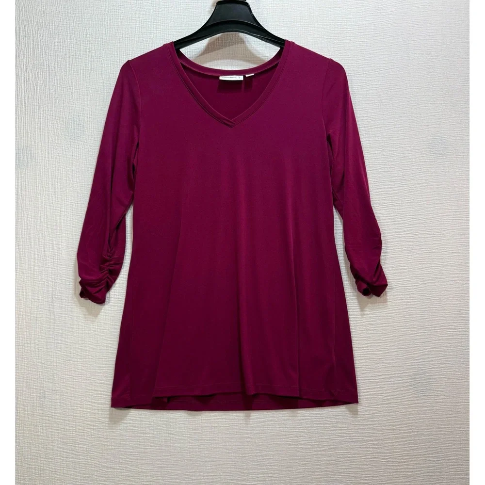 Susan‎ Graver Tunic Top Womens Small Berry Ruched 3/4 Sleeve V-Neck Liquid Knit